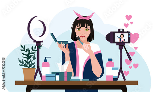 A young female vlogger records a video review and advertises cosmetics on an online platform. The famous beauty blogger in the social network. Vector illustration in cartoon style.
