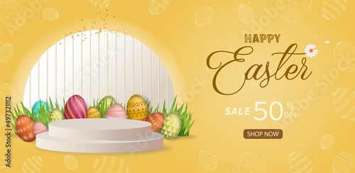 Happy Easter.3D eggs with defferents texture elements and colorful.Podium and rabbit.