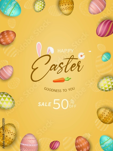 Happy Easter.3D eggs with defferents texture elements and colorful.rabbit bunny ear.