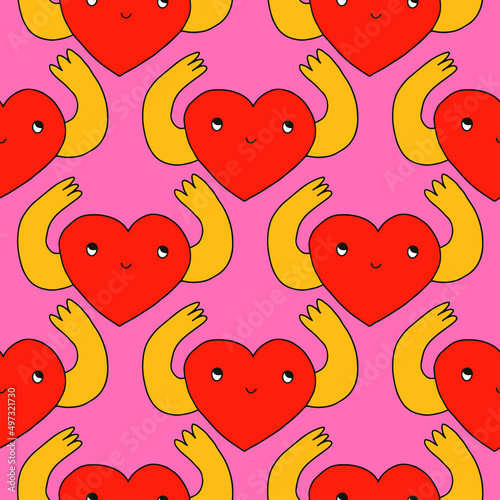 vector square seamless pattern - heart shape character in hippie style. Psychedelic ornament in the style of the 70s and 80s. Vibrant floral for wallpaper and fabric. kidcore elements.