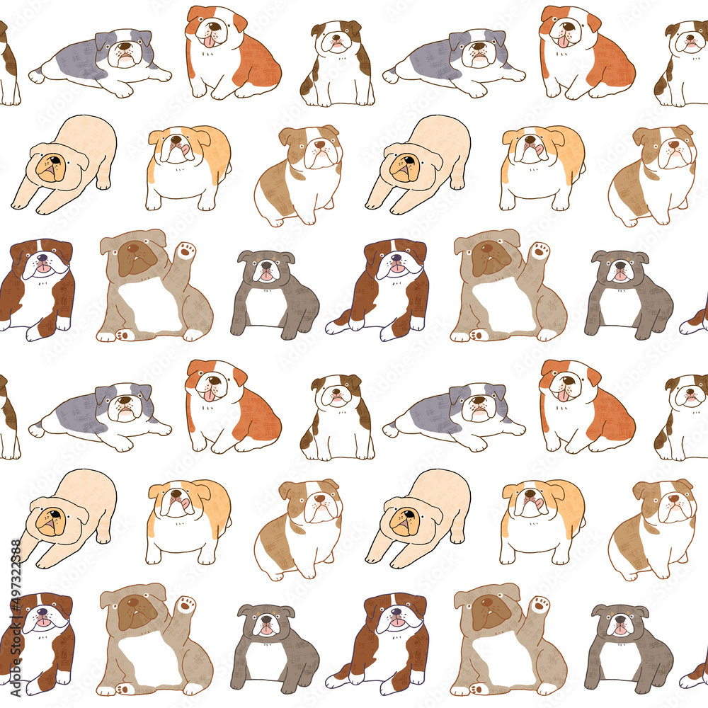 Seamless Pattern of Cartoon Bulldog Design on White Background