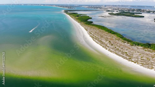 Aerial fly Fort De Soto Park. South Florida. Vast white strand known for its broad tidal pool, sand dollars. photo