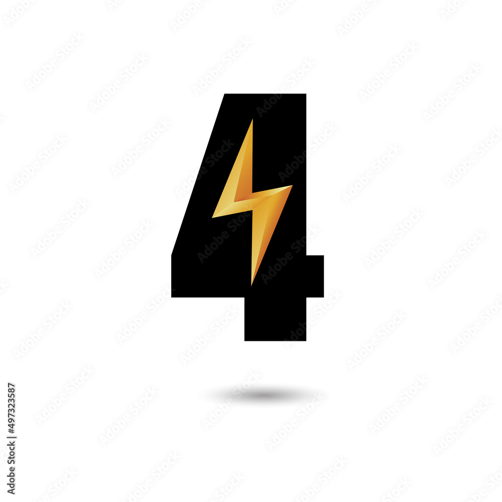 Number four 4 ThunderBolt Logo Design Concept in Black and Yellow. Numeric Flash Icon. Number four 4 ThunderBolt Logo Design Concept in Black and Yellow. Numeric Flash Icon.