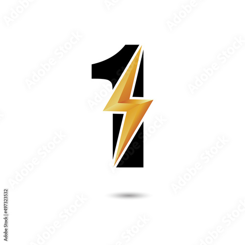 Number one 1 ThunderBolt Logo Design Concept in Black and Yellow. Numeric Flash Icon.