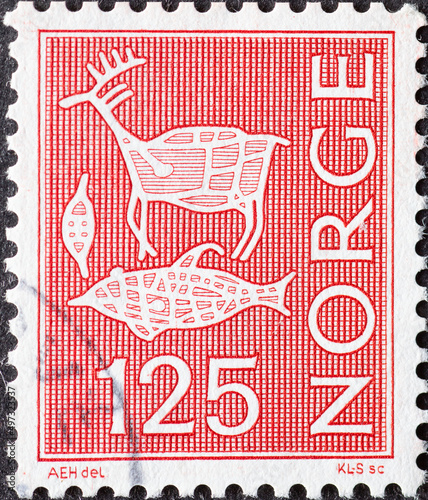 Norway - circa 1963: a postage stamp from Norway, showing Prehistory, Rock Art and Cave Paintings, Stylized Animals