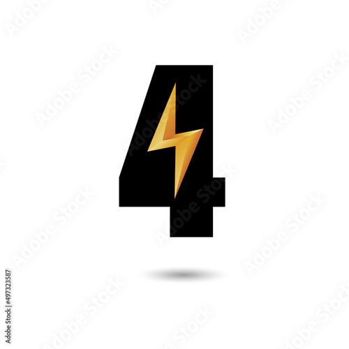 Number four 4 ThunderBolt Logo Design Concept in Black and Yellow. Numeric Flash Icon.