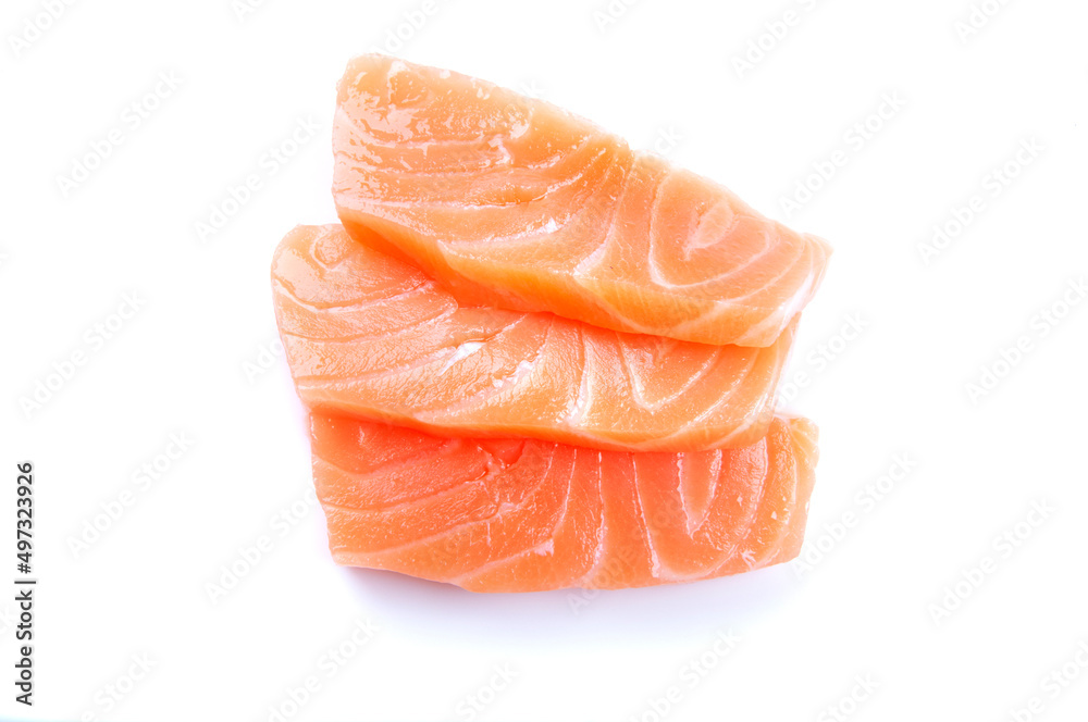 three pieces of raw salmon sushi sashimi isolated on white background raw fish