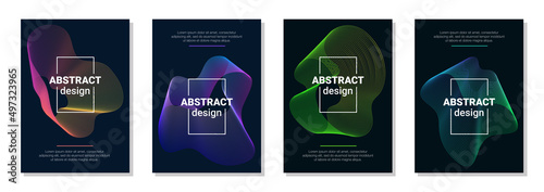 Vector technology abstract brochure, cover, flyer templates with dynamic amorphous vector flowing gradient particle water curve waves and modern organic lines. Retro futurism geometric, cyberpunk.
