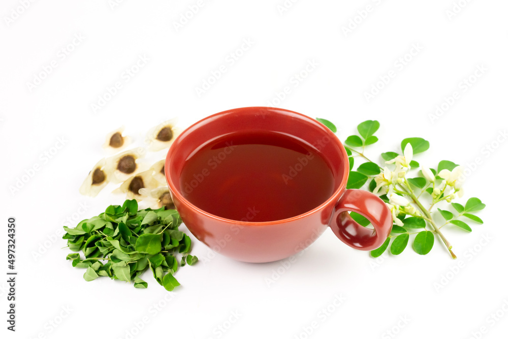 Moringa Tea in red cup with fresh green leaf and flower isolated on white background. Moringa oleifera tropical herb healthy lifestyle concept. Moringa Tea in red cup with fresh green leaf and flower isolated on white background. Moringa oleifera tropical herb healthy lifestyle concept.