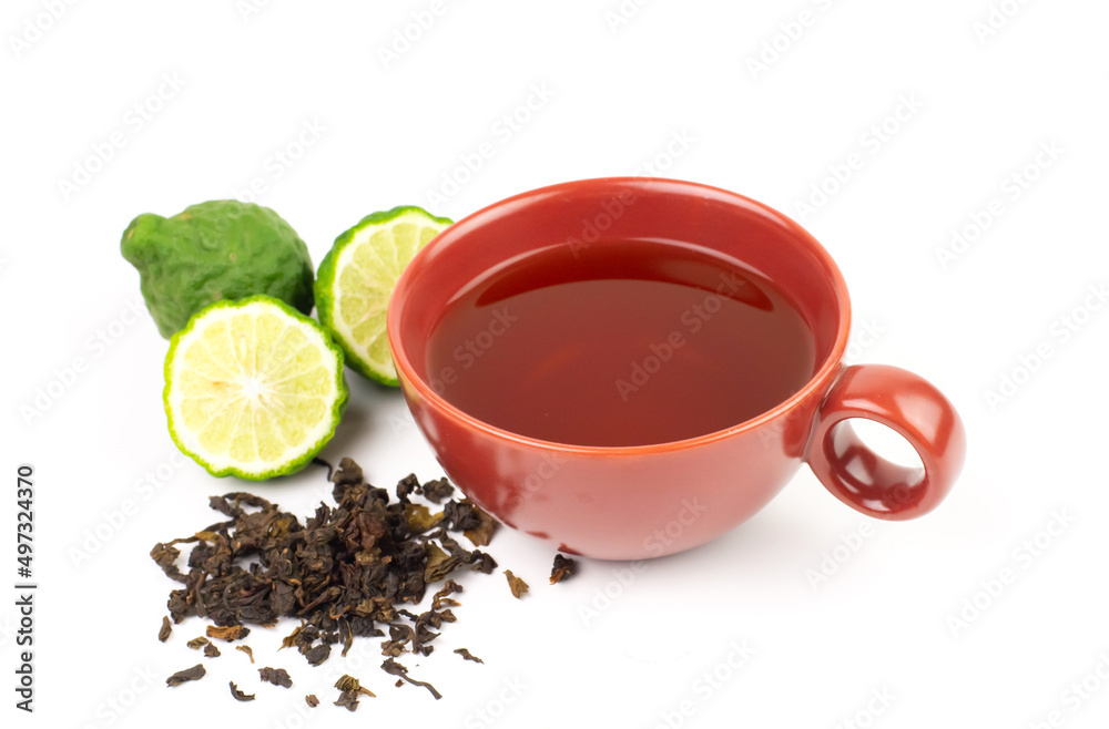 Bergamot tea or Earl Grey tea in red cup and fresh bergamot fruit with sliced isolated on white background. Bergamot tea or Earl Grey tea in red cup and fresh bergamot fruit with sliced isolated on white background.