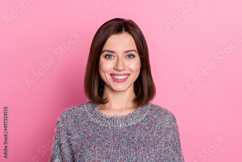 Photo of nice young bob hairdo lady wear sweater isolated on pink color background