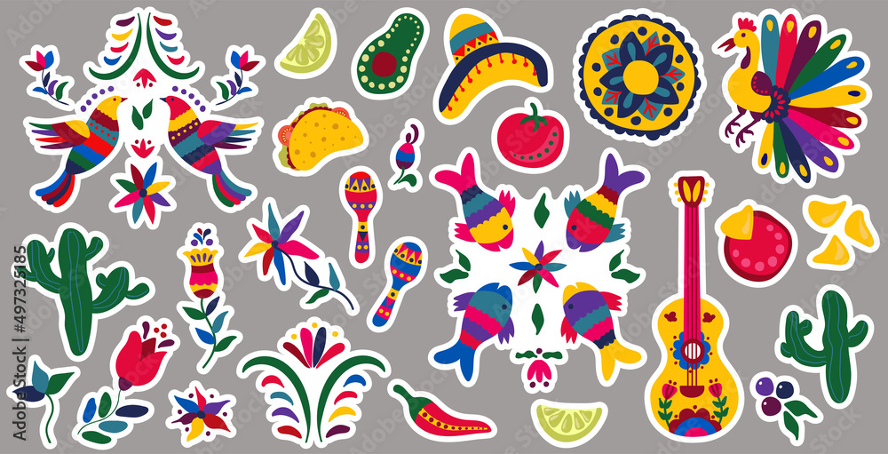 Set of stickers for the holiday Cinco de Mayo. Hand-drawn style. Set of stickers for the holiday Cinco de Mayo. Hand-drawn style.