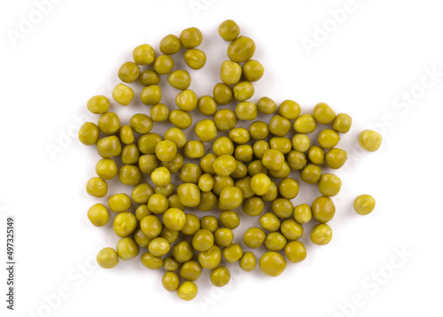 Green canned peas isolated on white background close up