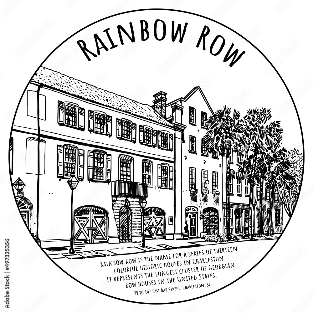Naklejka premium Black and white drawing of the Rainbow Row – series of thirteen colorful historic houses in Charleston. The longest cluster of Georgian row houses in the United States.
