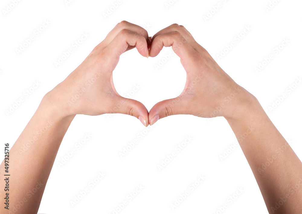 Fototapeta premium Female hands making sign Heart by fingers, isolated on white background Love concept on Valentine day