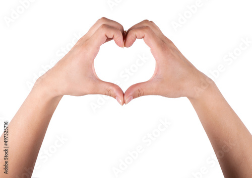 Female hands making sign Heart by fingers  isolated on white background Love concept on Valentine day