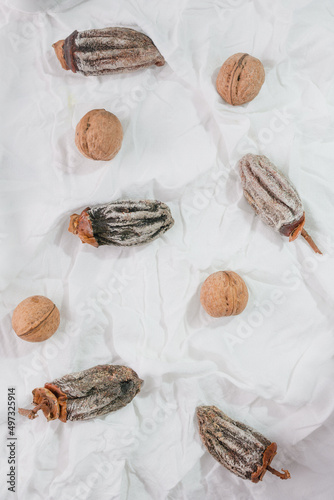 Dried persimmons and walnuts on a white textile background. Eco dried fruits. Top view photo