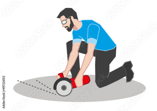 Industrial Worker Using Angle Grinder Cutting Concrete - Vector Illustration
