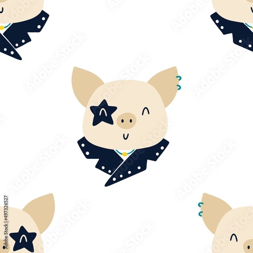 Pig rock star animal seamless pattern. Hand drawn colorful doodle cartoon character in rock accessories. Ideal for baby clothes, textiles, wallpaper, wrapping paper.