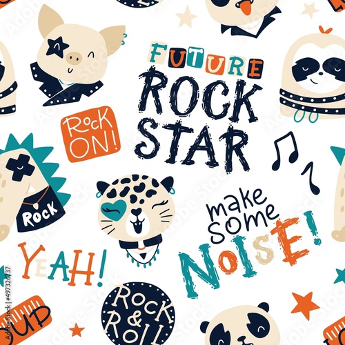Cute animal rock star seamless pattern with graffiti lettering. Hand drawn colorful doodle cartoon characters in rock accessories. Ideal for baby clothes, textiles, wallpaper, wrapping paper.