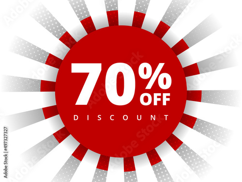 70 percent off discount. Special offer sale 70 percent off. Sale discount offer. Vector modern promotion banner seventy percent discount in red circle on white background with halftone dots and lines.