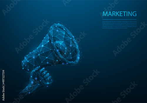 hand holding megaphone low poly wireframe on blue dark background. Online loudspeaker digital marketing. strategy promotion social media.online business concept. vector illustration fantastic digital.