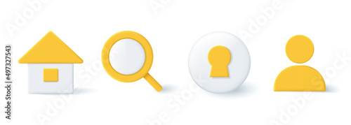 Set of 3d icons for the website. Home, magnifier, user, personal account, keyhole. Vector clipart isolated on white background.