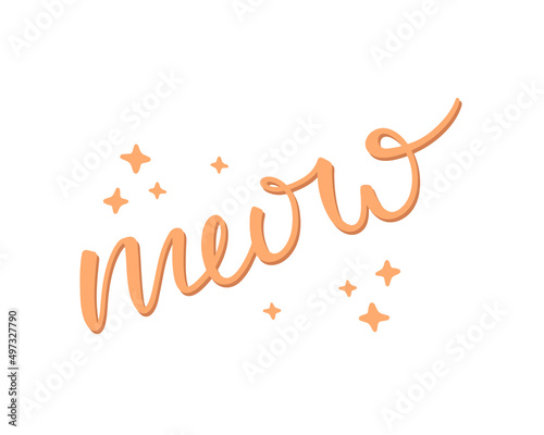 Handwritten inscription "meow". Bright orange vector illustration isolated on a white background.