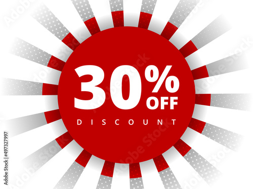 30 percent off discount. Special offer sale 30 percent off. Sale discount offer. Vector modern promotion banner thirty percent discount in red circle on white background with halftone dots and lines.