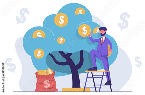 Money saving. A businessman collects money from a money tree.