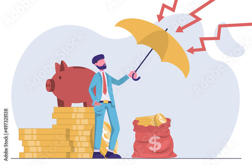 Money saving. A businessman with an umbrella protects his money