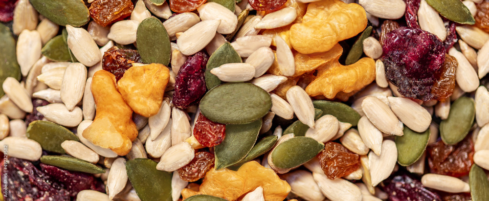 Nuts and seeds as a background. Pattern of granola or muesli Top view Nuts and seeds as a background. Pattern of granola or muesli Top view