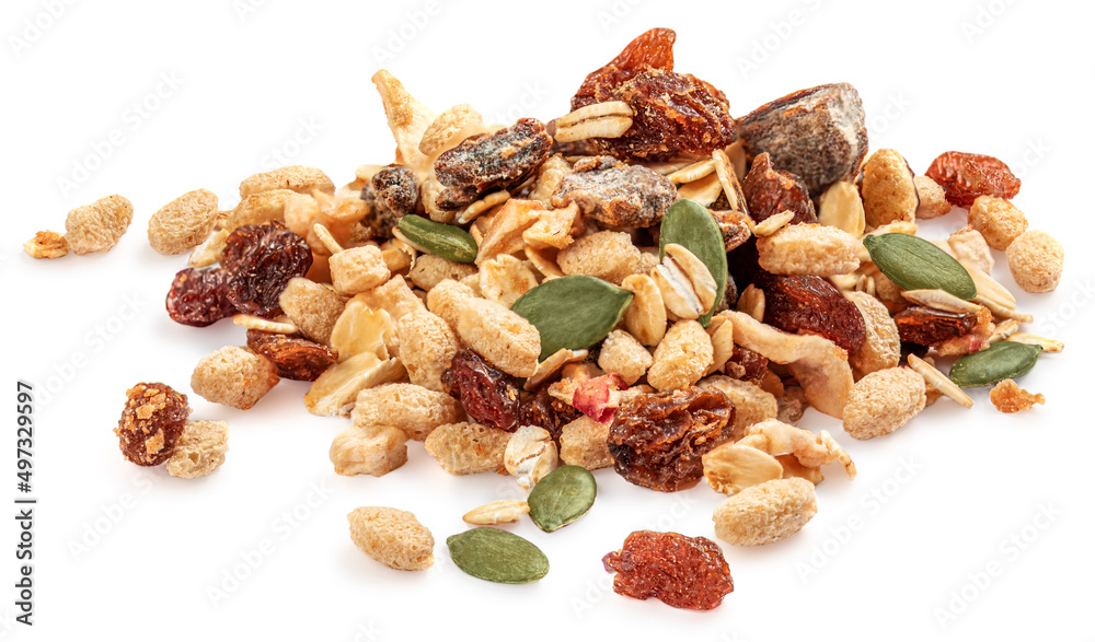 Nuts and seeds isolated over the white background. Creative layout made of granola or muesli Flat lay.