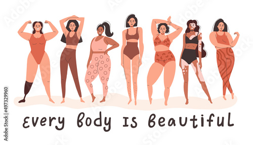Different beautiful girls stand in different poses. Every body is beautiful. Women of different weight, height and skin color. Flat vector illustration photo
