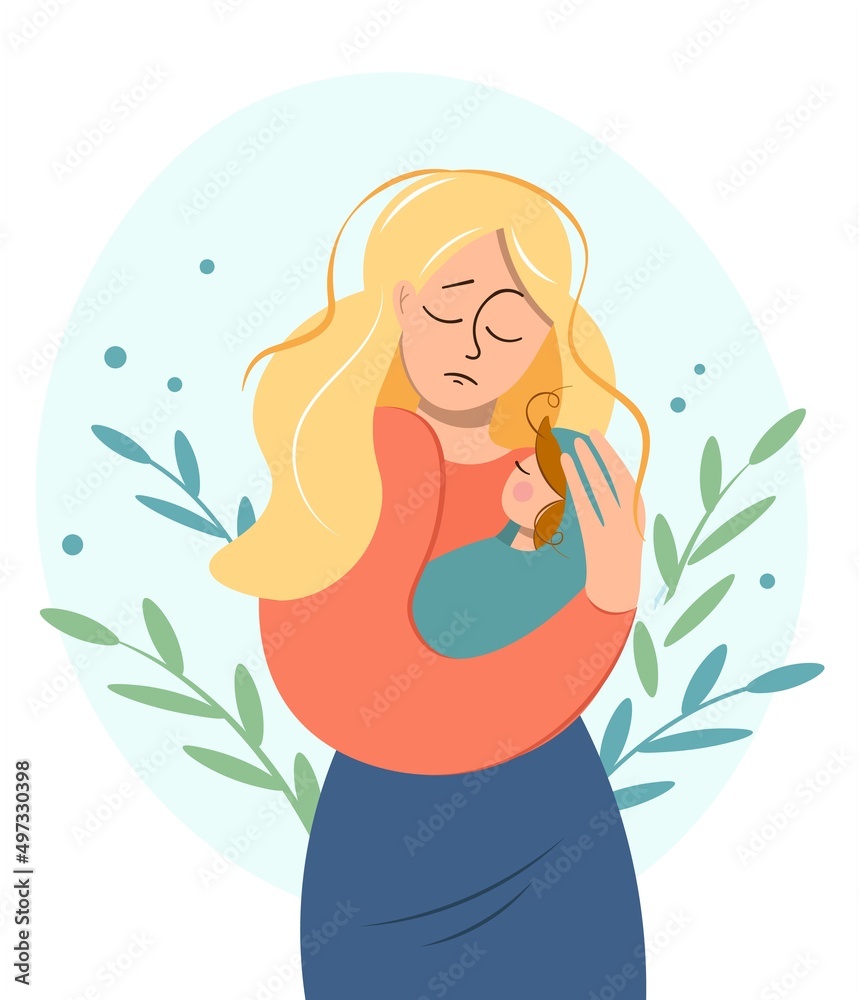 Mom and child. Mothers Day. Tender mother and son or daughter. Motherhood, Love, care. Greeting card, banner, poster for breastfeeding day. Vector illustration in a flat style with decorative leaves. Mom and child. Mothers Day. Tender mother and son or daughter. Motherhood, Love, care. Greeting card, banner, poster for breastfeeding day. Vector illustration in a flat style with decorative leaves.