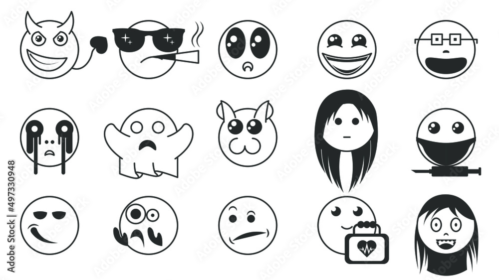 Fototapeta premium Set Of DIfferent Black Line Smile Vector Icon Emoticons Sign Doodle