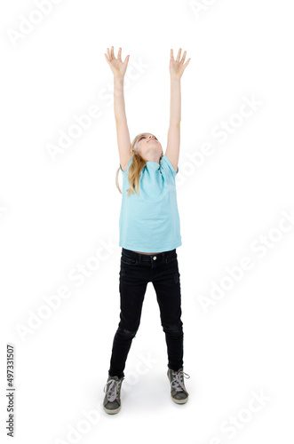 Cute girl trying to catch something, isolated on white background