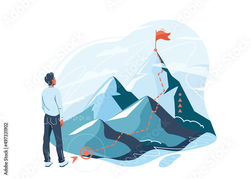 Path of person success on mountains background isolated on white. Man stand, look up to the goal, back view. Mountain climbing progress route to peak in flat simple style. Business journey vector photo