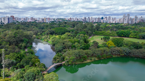 Aerial view of Ibirapuera Park in São Paulo, SP. Residential buildings around. Lake in Ibirapuera Park