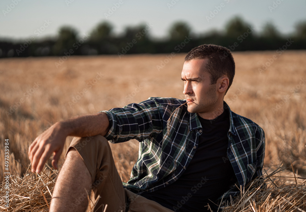 handsome man with short bristles in a checkered shirt in a mown field handsome man with short bristles in a checkered shirt in a mown field