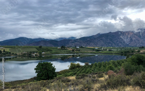 Mountains  vineyards and farms surround Dry Lake near Manson in Eastern Washington State. 