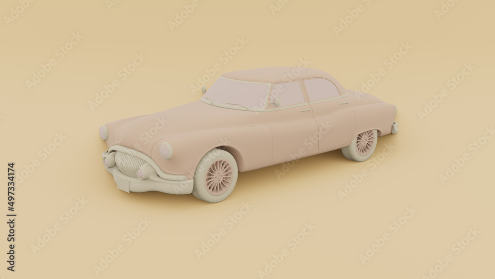 Monochrome minimalist concept. Perspective view and old vintage yellow car floats on pastel background. cartoon style. 3d rendering