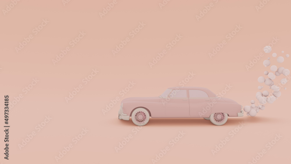 Monochrome Banner with a passenger retro car with an exhaust gas in a cartoon style. Isolated on a pink background. 3D rendering