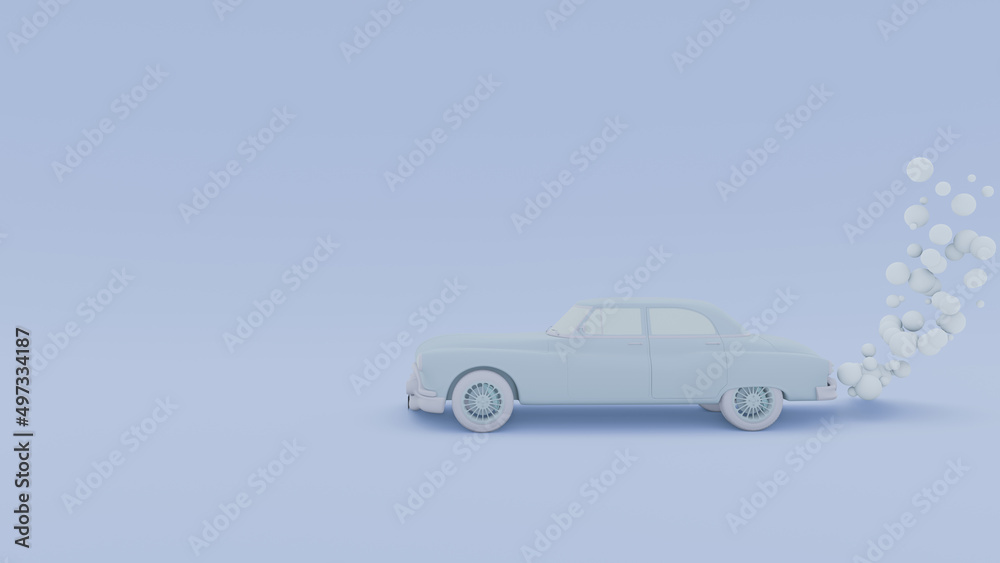 Monochrome Banner with a passenger retro car with an exhaust gas in a cartoon style. Isolated on a blue background. 3D rendering Monochrome Banner with a passenger retro car with an exhaust gas in a cartoon style. Isolated on a blue background. 3D rendering