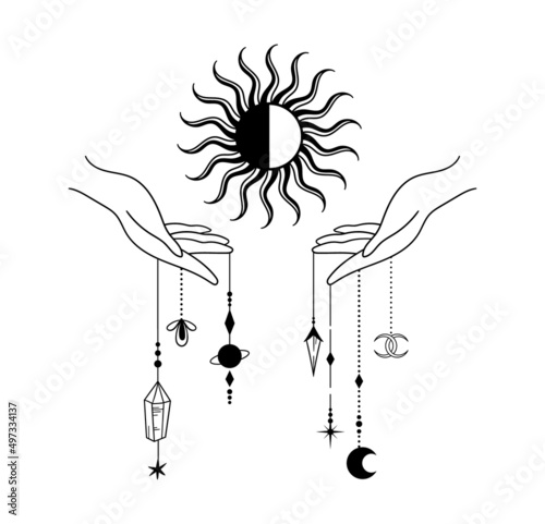 Mystical witch hands holding the Sun isolated clipart on white, Boho celestial composition with hands, moon, planet, sun, magic space objects - black and white vector