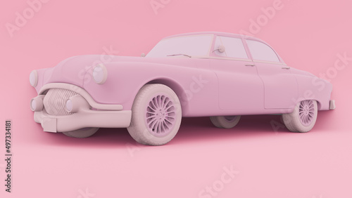 Monochrome minimalist concept. Perspective view and old vintage pink car floats on pastel background. cartoon style. 3d rendering