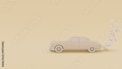 Banner with a passenger white monochrome retro car with an exhaust gas in a cartoon style. Isolated on a yellowbackground. 3D rendering.