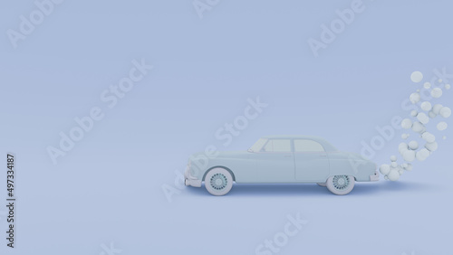 Monochrome Banner with a passenger retro car with an exhaust gas in a cartoon style. Isolated on a blue background. 3D rendering