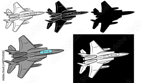 Set of Vector cartoon fighter jet. Combat aircraft in isolate on a white background.