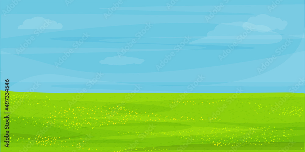 Green plain, field. Blue sky. Background, banner. Green plain, field. Blue sky. Background, banner.